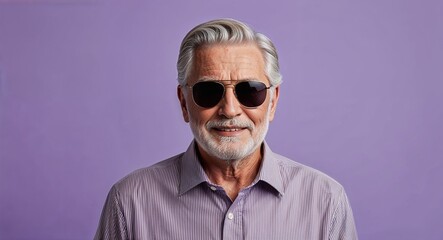 Fototapeta premium Gray Haired Senior Man in Striped Shirt and Sunglasses on Lavender Background