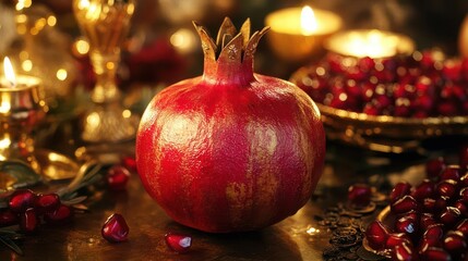rosh hashanah celebration background featuring a vibrant pomegranate, symbolizing abundance and the new year, surrounded by traditional elements, creating a festive atmosphere for the holiday