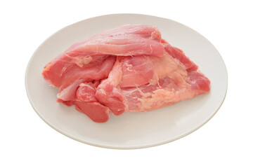 Turkey fillet in plate isolated in white background. Raw meat for cooking. Cooking food at home.