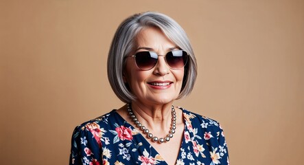 Obraz premium Senior Woman with Bobbed Gray Hair in Floral Top and Sunglasses on Beige Background