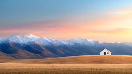 Serene white house on a hill against majestic mountains