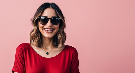 Fototapeta premium Woman with Shoulder Length Layers Smiling in Casual Red Dress and Sunglasses on Light Pink Background
