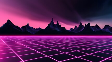 high-contrast professional photograph of a Retro Sci-Fi Grid Landscape, featuring a vibrant, electric neon pink grid that stretches into the distant horizon, intersecting with glowing, wireframe mount