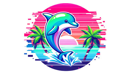 Naklejka premium Retro Neon Dolphin with Palm Tree Background