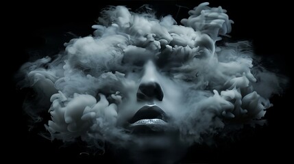 Dramatic humanoid shape emerges from billowing smoke clouds against dark isolated background
