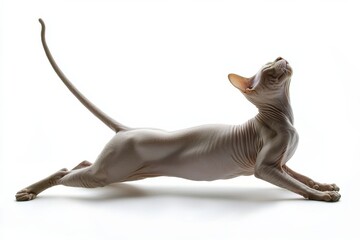 Sphynx cat stretching on white background, isolate,