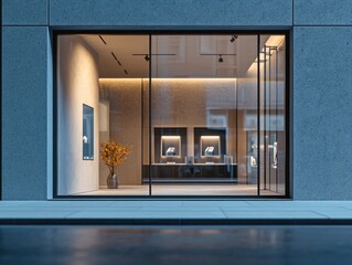 A sleek modern storefront with reflections of the city and interior lighting.