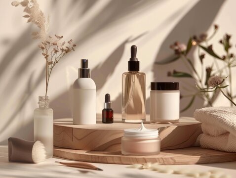Variety of beauty products including skincare, makeup and fragrance items arranged on a table.