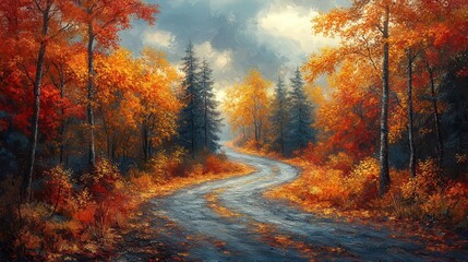 Fototapeta premium winding road meandering through a vibrant autumn forest, adorned with colorful fallen leaves and dappled sunlight, creating a picturesque natural scene filled with tranquility and beauty