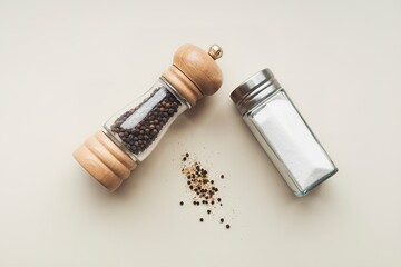 A photo of a pepper mill and a salt shaker