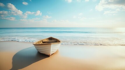 Fototapeta premium serene boat resting on a tranquil beach, surrounded by gentle waves and soft sand, evoking a sense of peace and relaxation in a coastal paradise