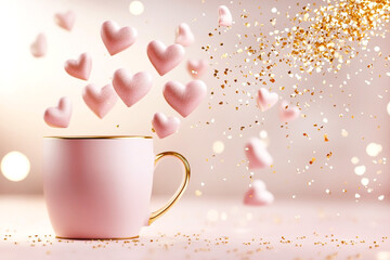 Pink mug with floating heart shapes and golden glitter, creating a romantic and dreamy atmosphere with soft pastel tones