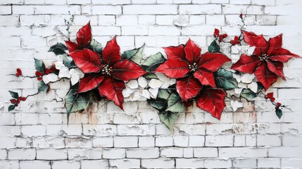 Festive Poinsettia Decor on White Brick Wall