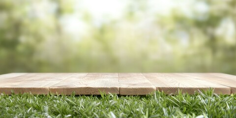 Fototapeta premium Wooden table on grass with a blurred natural background, perfect for showcasing products or enhancing outdoor themes.