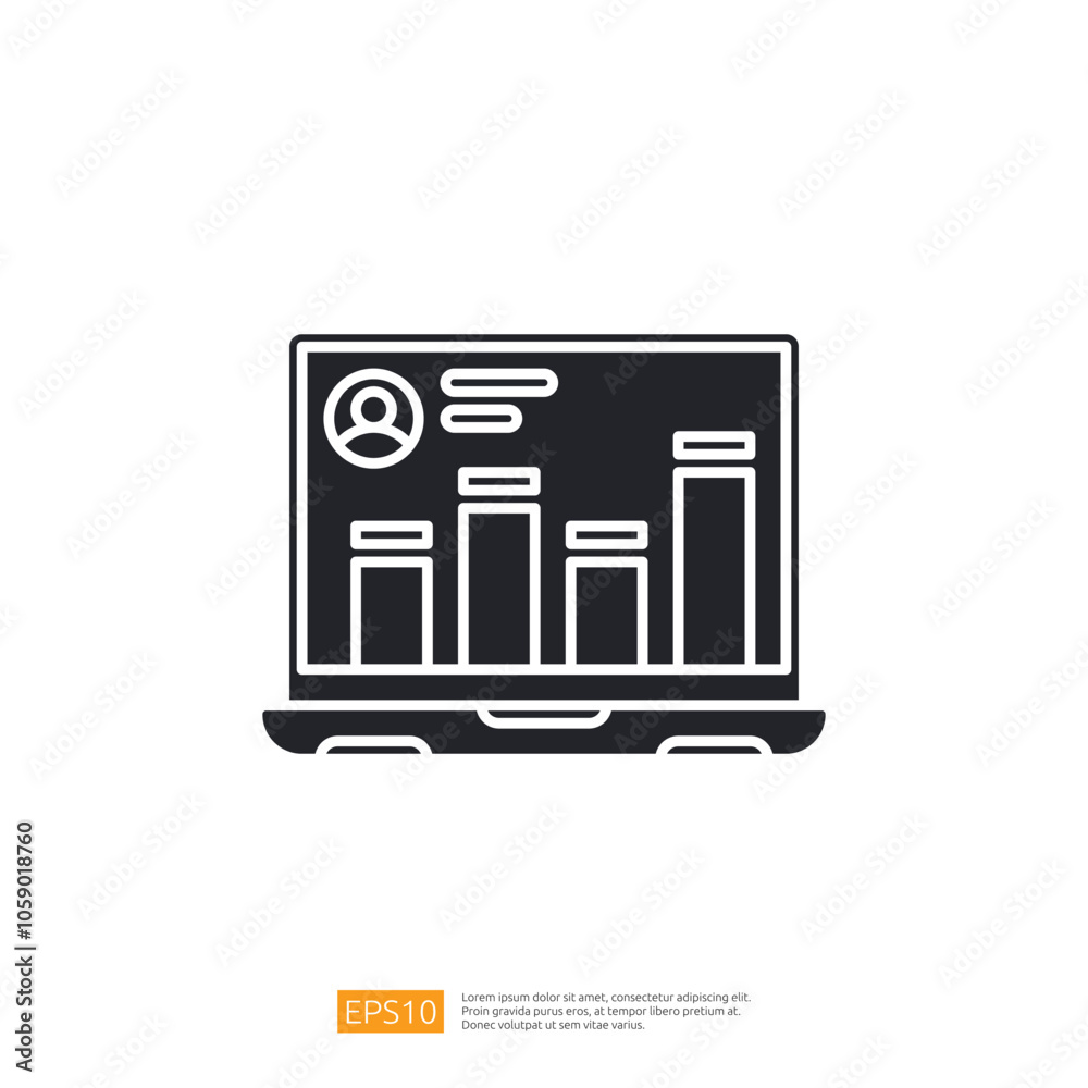 Poster a laptop displaying a user profile and bar graph data, representing analytics or performance metrics