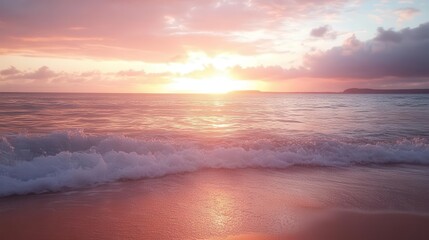 Naklejka premium serene sunset over the ocean, with gentle waves lapping against a sandy shore, creating a tranquil coastal scene that evokes peace and relaxation