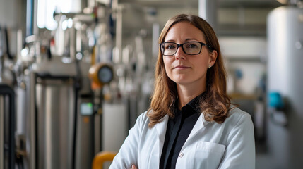 Fototapeta premium Engineer in lab coat standing confidently in manufacturing facility, surrounded by industrial equipment and machinery, showcasing expertise in water audit processes