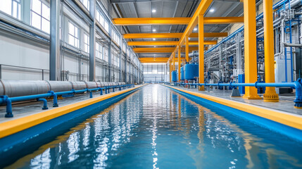 Fototapeta premium Industrial pipes transporting water in factory, showcasing spacious interior with bright yellow beams and clear water flow. environment reflects modern manufacturing efficiency and design