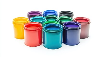 set of brightly colored paint cans arranged against a pristine white background, showcasing a variety of hues, perfect for artists and creative projects