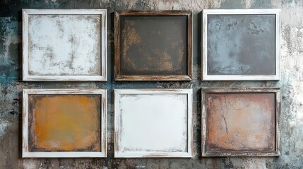 Fototapeta premium series of six grunge-distressed rectangular frames with white edges, showcasing a rugged aesthetic perfect for highlighting artistic works or photography in a bold and dramatic manner