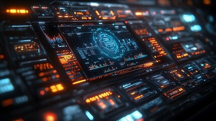 Obraz premium Futuristic digital interface with glowing orange and blue elements, displaying data, graphs, and a central circular icon.