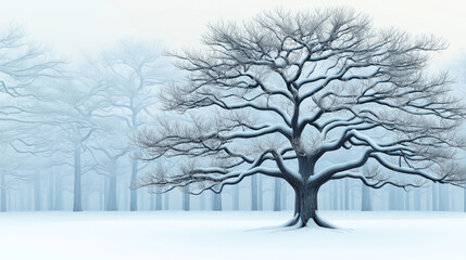 Fototapeta premium Snow-covered forest with bare trees and branches in a wintry landscape, creating a serene and tranquil atmosphere