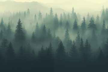 Misty Forest Scene with Pine Trees