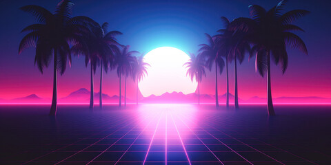 A vivid sunset scene featuring tall palm trees silhouetted against a colorful sky with a reflective grid pattern covering the foreground, evoking a retro-futuristic vibe.