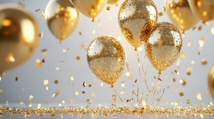 shiny gold confetti and balloons shimmer against a clean white backdrop, creating a festive atmosphere with ample space in the center for a personalized message