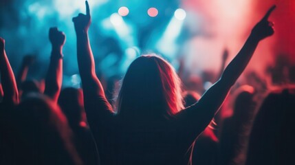 silhouetted crowd enthusiastically cheering at a vibrant music concert, colorful lights illuminating the scene, capturing the energy and excitement of live performances
