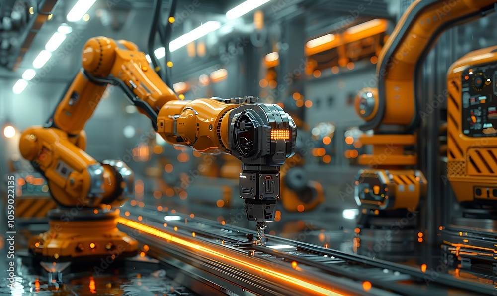 Aufkleber a vibrant robotic arm operates in a modern factory setting, showcasing advanced technology and autom