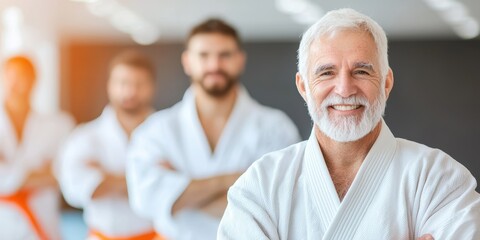 Fototapeta premium A smiling elderly man in a karate uniform, standing confidently with younger martial artists in the background.