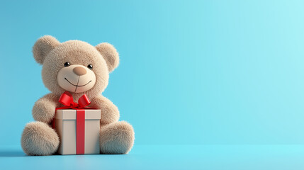 Fototapeta premium Teddy bear holding a gift box with red ribbon on light blue background. Minimal banner with empty copy space 