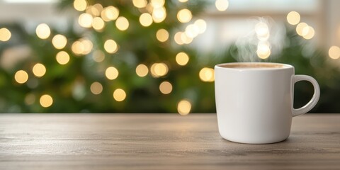 A white coffee mug with steaming coffee, placed on a rustic wooden surface, set against a blurred festive background.