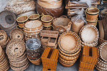 there are many hand-woven bamboo baskets on the market in Asia.