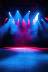 Stage lighting with fog, spotlights and red lights.