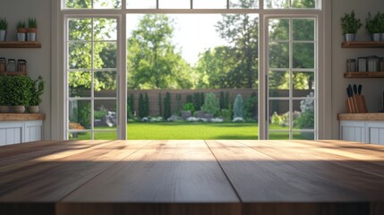 Fototapeta premium empty corner of wooden table.blured garden background