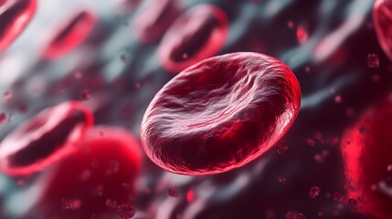 Fototapeta premium Close-up view of red blood cells in a fluid environment, illustrating human biology.
