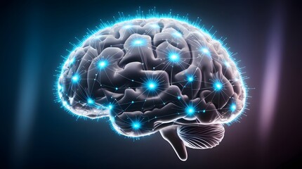 professional photograph of the AI Brain Network, depicting a neural network pattern intricately shaped like a human brain, with dozens of glowing