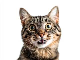 The image shows a surprised or shocked cat, characterized by its wide-open yellow eyes and slightly open mouth, indicating surprise or perhaps the reaction to something sudden.