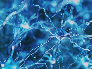 Microscopic view of neurons with intricate dendrites and axon, highlighting the complexity of brain circuitry.