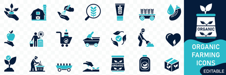 Organic farming icon set. Solid flat vector icons collection...