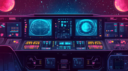 Obraz premium Outer view of spaceship window with control system room. abstract discover new planet in space. finest generative ai. Spaceship Cockpit. Illustration
