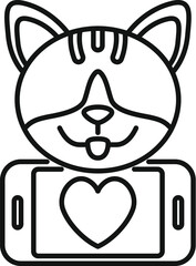 Happy cat face holding a smartphone displaying a heart, symbolizing online affection and digital love