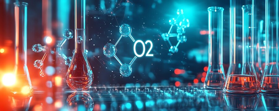 A vibrant laboratory scene showcasing chemical flasks and molecular structures with an oxygen theme.