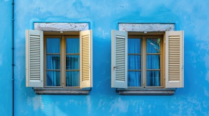 Fototapeta premium Close up of a blue wall with two open window shutters, suggesting an empty room or building during the day.