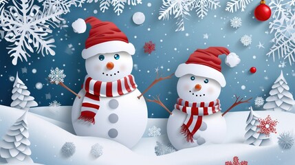 Obraz premium Two snowmen wearing red hats and scarves are standing in the snow. The scene is set in a winter landscape with trees in the background