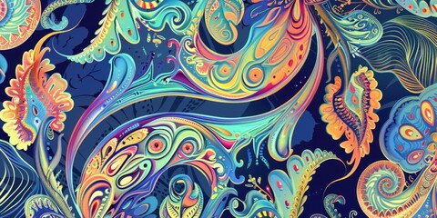 Fototapeta premium Vivid psychedelic pattern of swirling designs and shapes in a colorful abstract style.