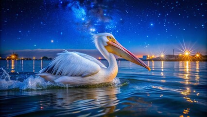 White Pelican Bathing in Corpus Christi, Texas Night Photography