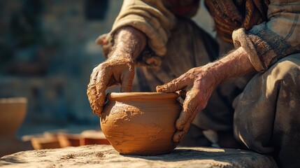 Man with dirt-covered hands working on pottery. Crafting handmade clay vases in a traditional brick workshop.